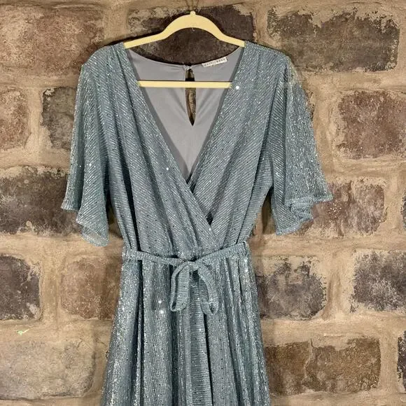 Baltic Born Grace Dress Light Blue Sequins Maxi Gown Belted Flutter Sleeves - Picture 3 of 14